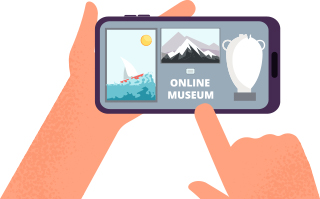 Drawing of student holding online museum application
