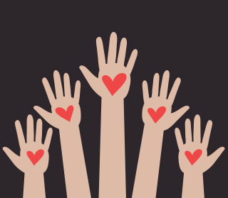 Drawing of students raising their hands with hearts