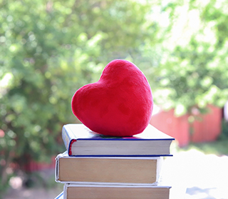 Red soft heart on a stack of books